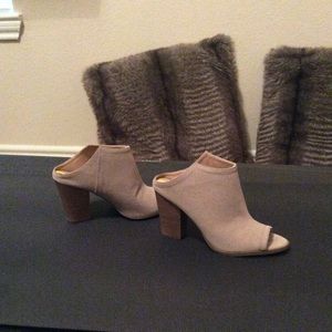 Booties open toe open back tan suede like